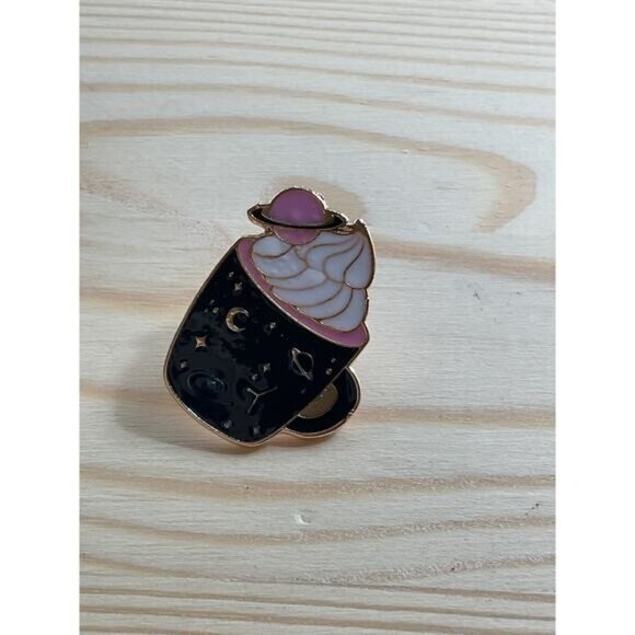 Space Themed Coffee Cup Enamel Pin Pink Black Galaxy Design Lapel Pin Backpacks - Picture 1 of 3